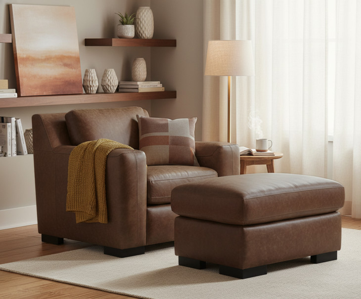 Nova Bomber Walnut Rectangular Top Grain Leather Ottoman