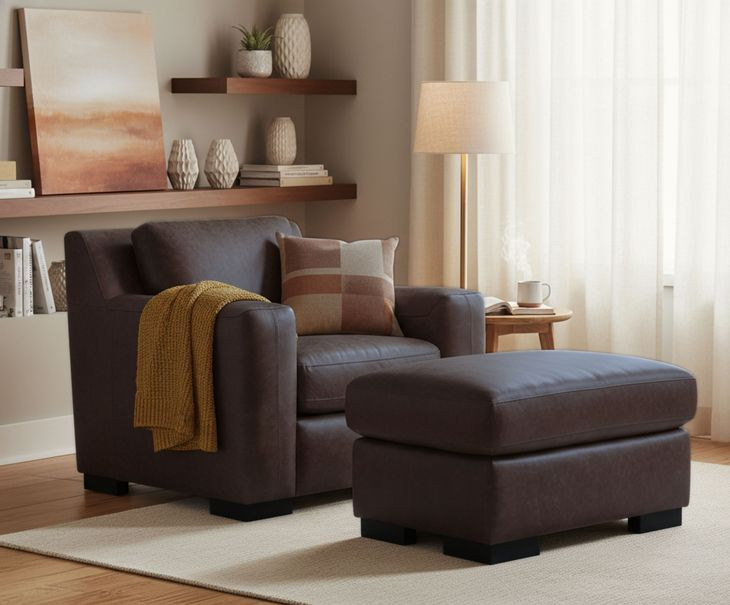 Nova Bomber Walnut Rectangular Top Grain Leather Ottoman