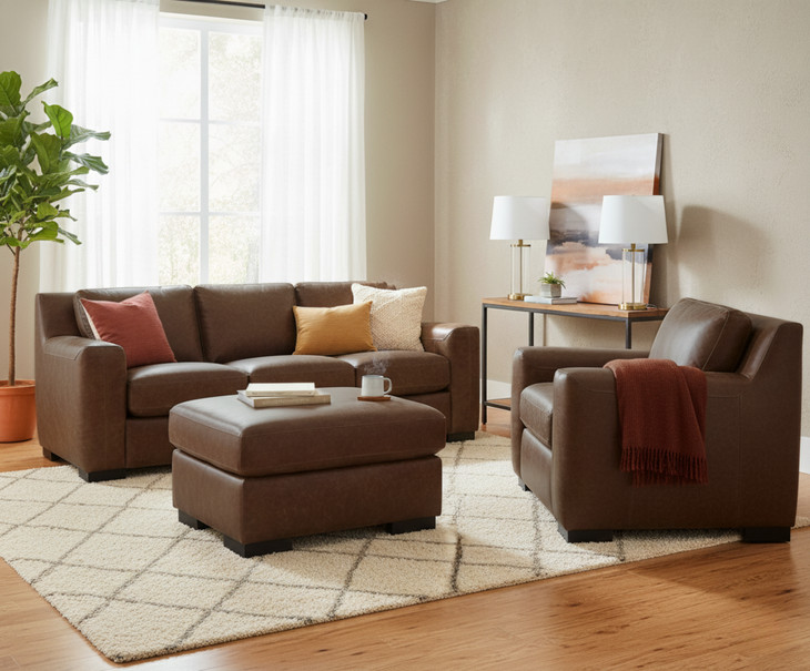 Nova Bomber Walnut 93" Top Grain Leather Sofa