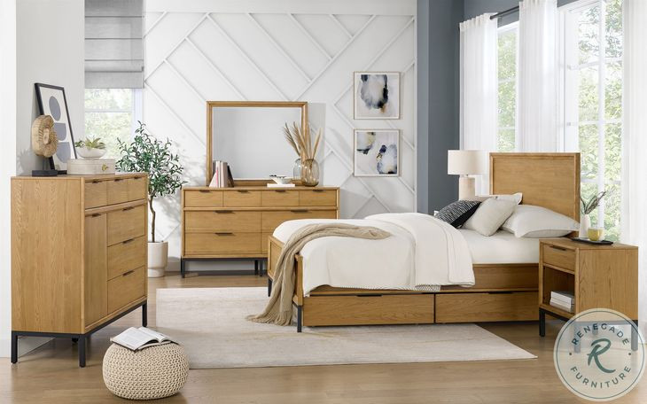 Newport Natural Oak Two Sided 4 Drawer Queen Storage Panel Bed