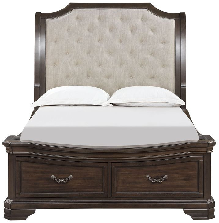 Lyndhurst Walnut and Beige Queen Upholstered Storage Sleigh Bed