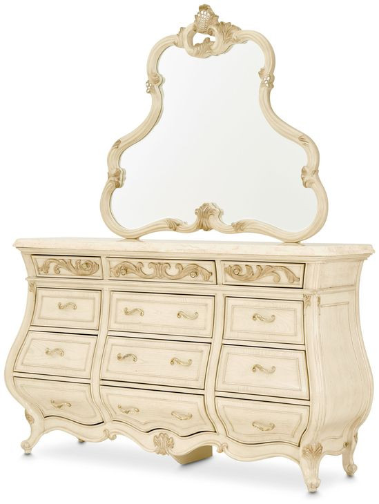 Platine de Royale Champagne 12 Drawer Dresser and Rectangular Mirror