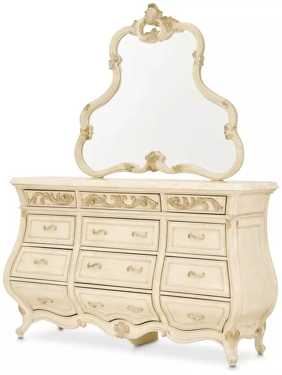 Platine de Royale Champagne 12 Drawer Dresser and Rectangular Mirror
