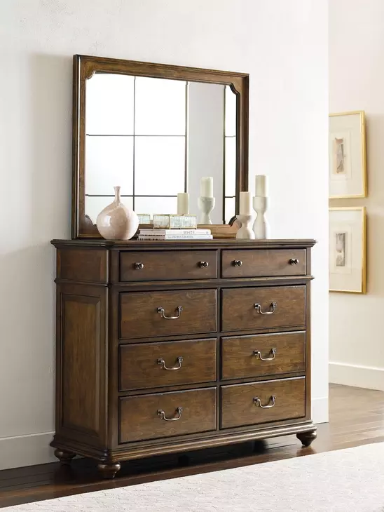 Kingswell Rich Hazelnut 8 Drawer Witham Bureau with Rectangular Mirror