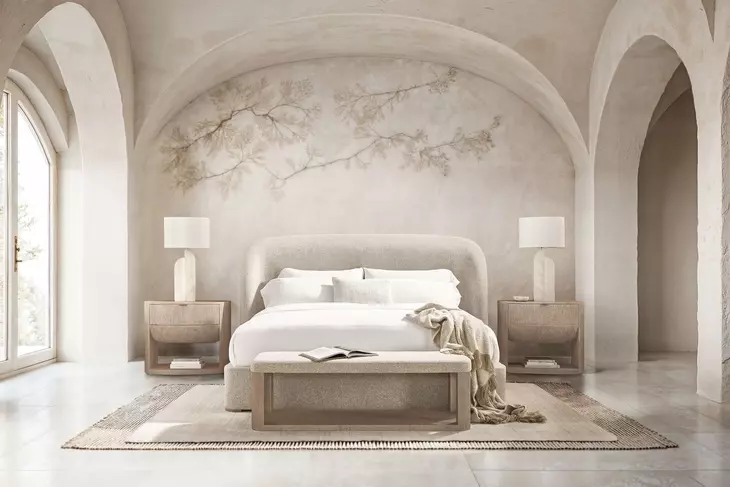 Loggia Aria and Beige Performance Fabric King Upholstered Shelter Bed