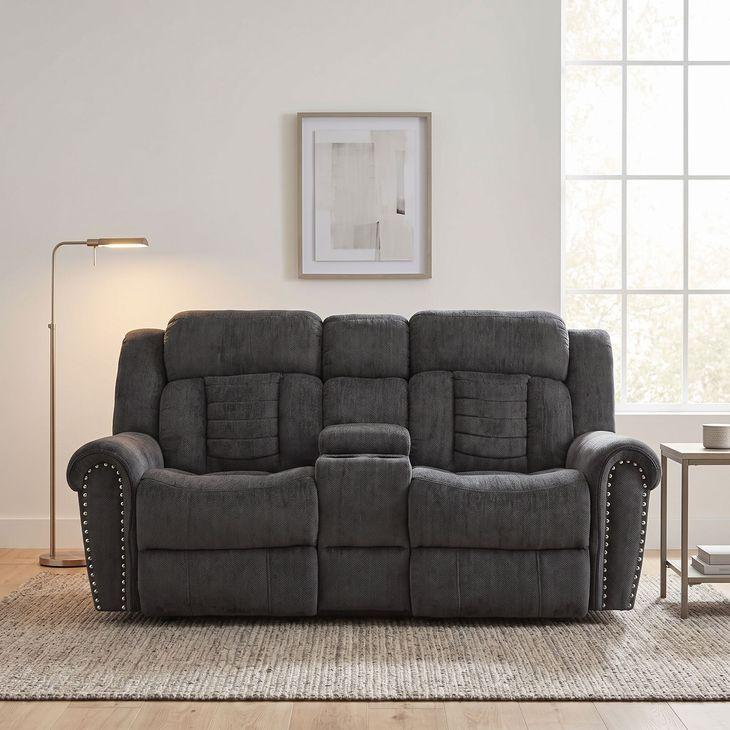 Nutmeg Charcoal Gray Double Reclining 80" Loveseat with Center Console