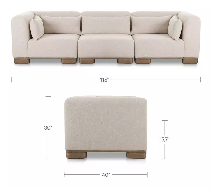 June Oatmeal Performance Fabric 3 Piece Modular Sofa Sectional with Pillows