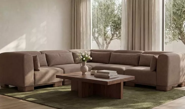 June Dark Brown Performance Fabric 5 Piece Modular Classic L Shaped Sectional with Pillows