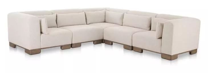 June Oatmeal Performance Fabric 5 Piece Modular Classic L Shaped Sectional with Pillows