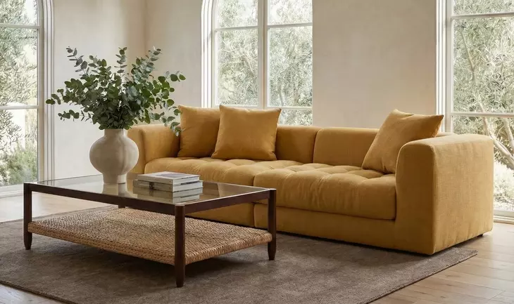 Davie Golden Yellow Performance Fabric 2 Piece Modular Sofa Sectional with Pillows