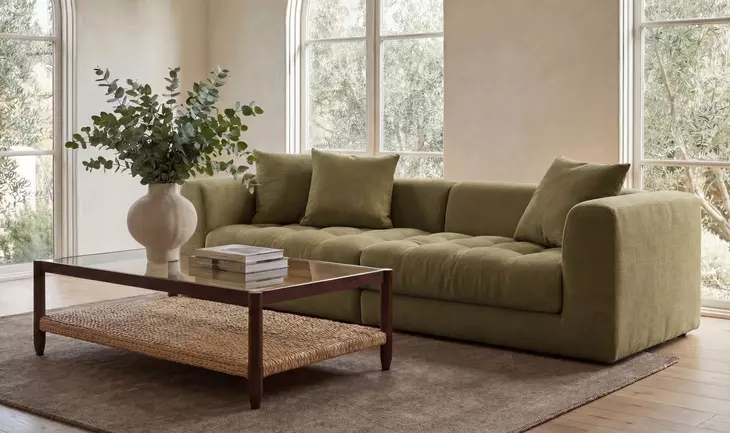 Davie Olive Performance Fabric 2 Piece Modular Sofa Sectional with Pillows