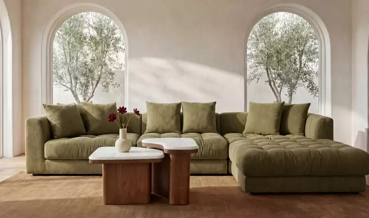 Davie Olive Performance Fabric 4 Piece Modular Lounge Sectional with Pillows