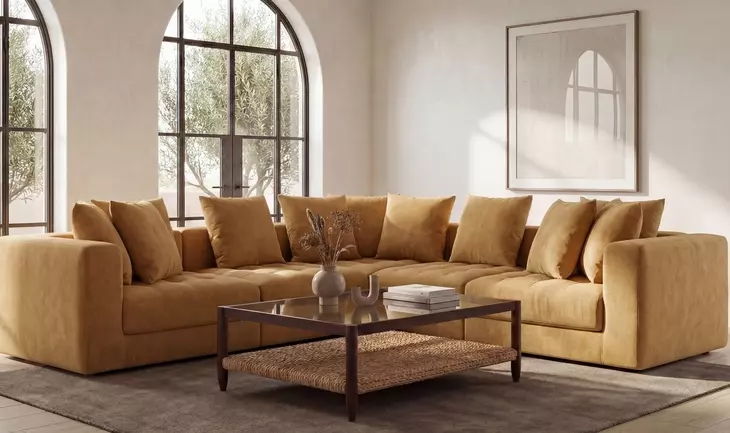 Davie Golden Yellow Performance Fabric Modular Classic L Sectional with Pillows
