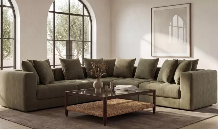 Davie Olive Performance Fabric 5 Piece Modular Classic L Sectional with Pillows