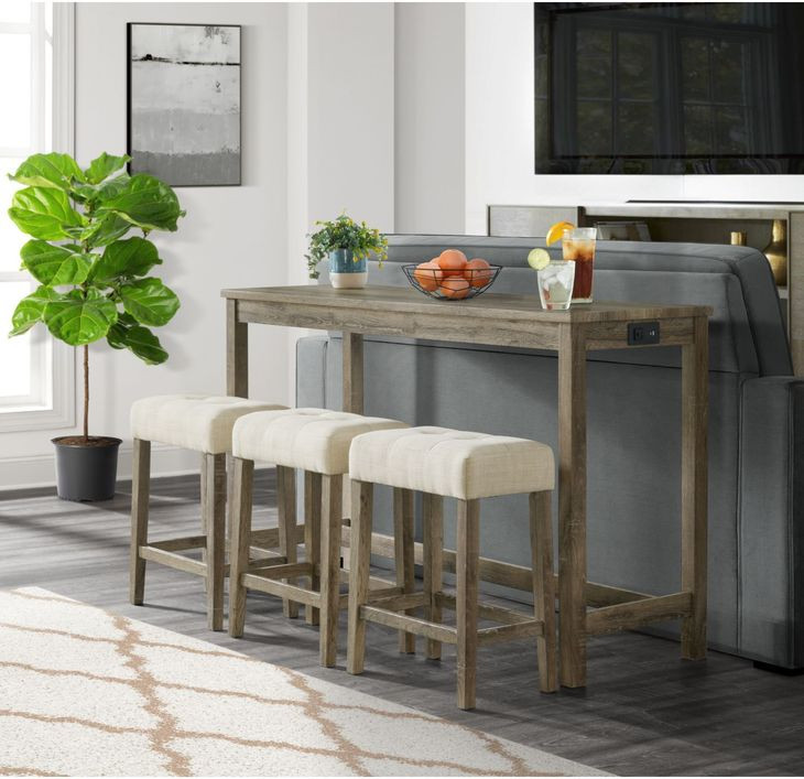 Turner Cream and Oak Upholstered 4 Piece Bar Table Set with USB Charging