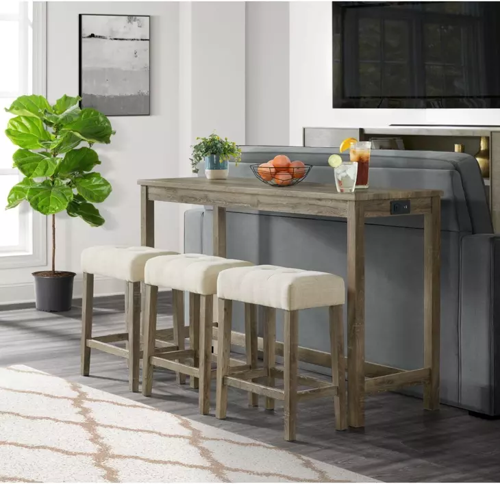 Turner Cream and Oak Upholstered 4 Piece Bar Table Set with USB Charging