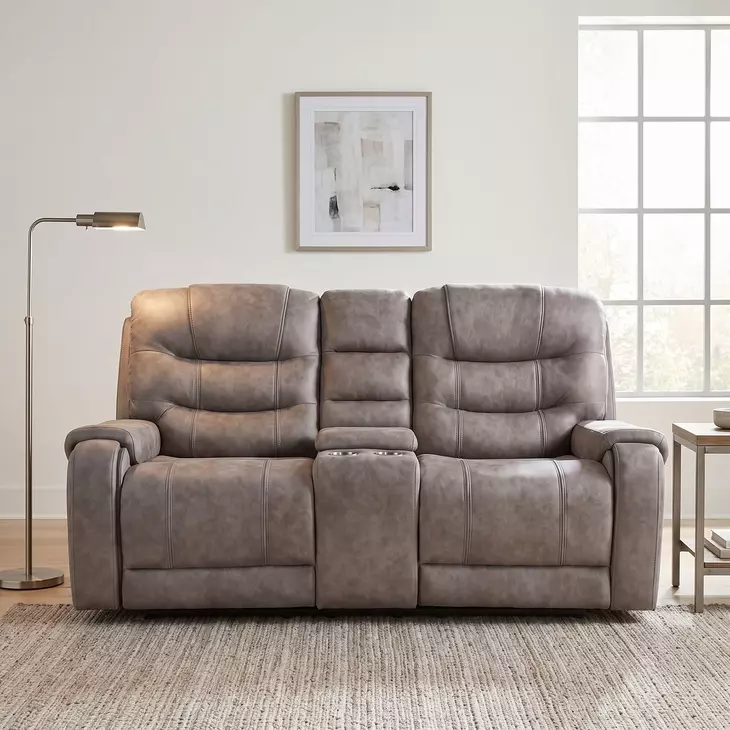 Oberon Grayish Brown 77" Double Reclining Loveseat with Center Console
