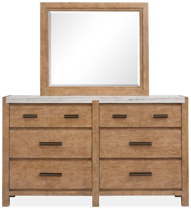 Foxrun Hollow Sierra Brown and White 6 Drawer Marble Top Dresser with Rectangular Mirror