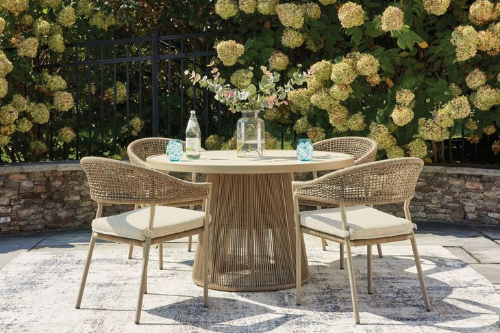 Ocean Park Beige 49" Round Outdoor Sintered Stone Top Dining Room Set