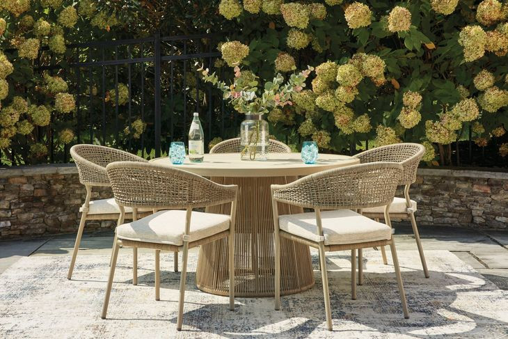 Ocean Park Beige 49" Round Outdoor Sintered Stone Top Dining Room Set