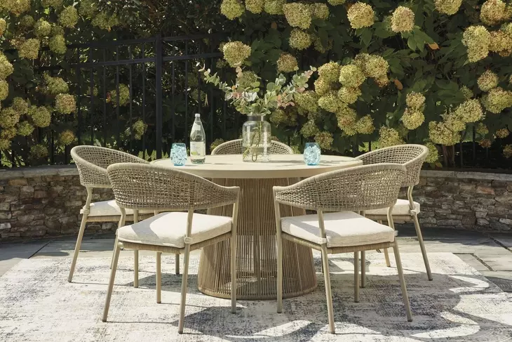 Ocean Park Beige 49" Round Outdoor Sintered Stone Top Dining Room Set