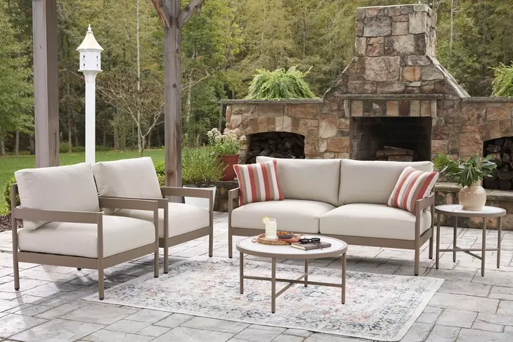 Big Creek Cove Beige and Brown Performance Fabric 5 Piece Outdoor Conversation Set
