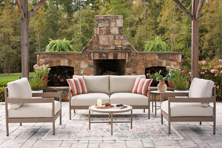 Big Creek Cove Beige and Brown Performance Fabric 5 Piece Outdoor Conversation Set