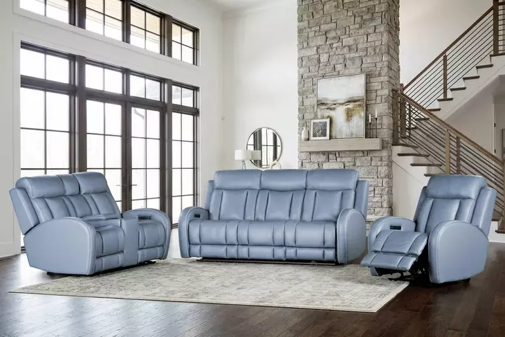Quinn Blue Gray Leather Zero Gravity Triple Power Recliner with USB Charging