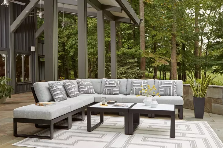 Beachloft Gray Performance Fabric 7 Piece Modular Outdoor Sectional with Pillows