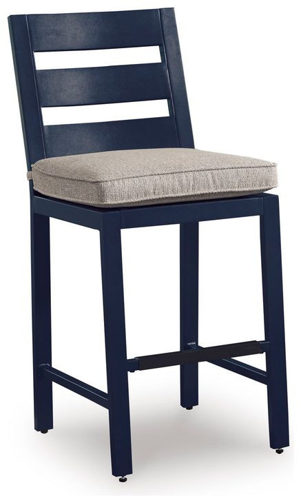 Mabry Shores Navy Blue and Driftwood 70" Rectangular Outdoor Bar Dining Room Set with Fire Pit