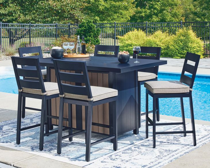 Mabry Shores Navy Blue and Driftwood 70" Rectangular Outdoor Bar Dining Room Set with Fire Pit
