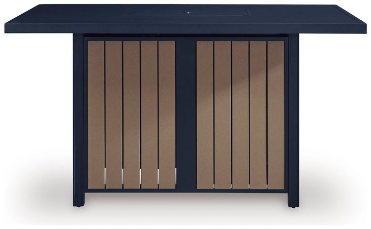 Mabry Shores Navy Blue and Driftwood 70" Rectangular Outdoor Bar Table with Fire Pit