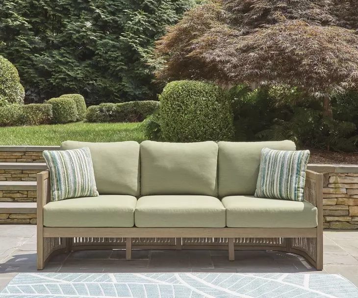 Moondance Beige and Green Performance Fabric 76" Outdoor Sofa