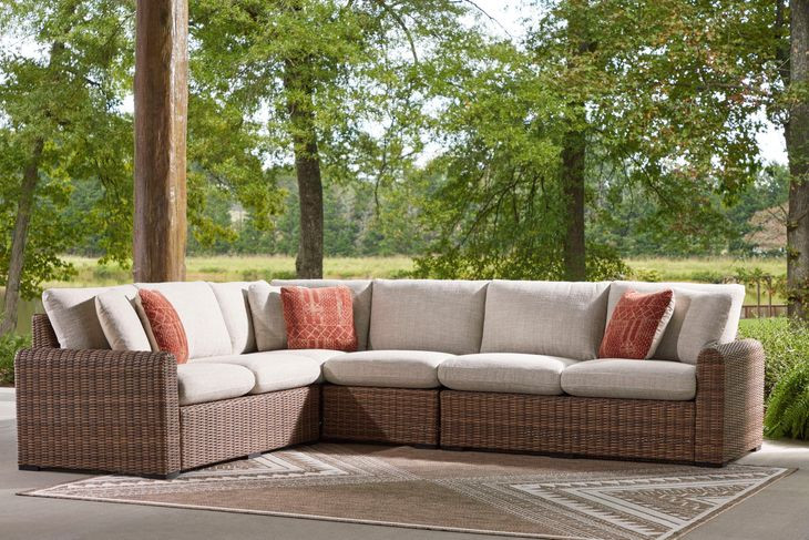 Angel Island Beige Performance Fabric 4 Piece Outdoor Modular Sectional with Pillows