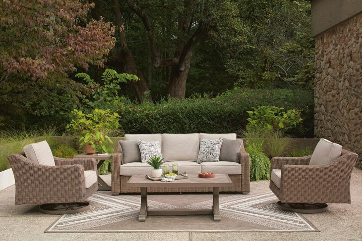 Revare Beach Beige 5-Piece Patio Conversation Set with Sofa, 2 Lounge Chairs, Coffee and End Tables