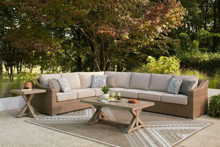 Carmel Bay Beige Performance Fabric 4 Piece Outdoor Modular Sectional with Pillows