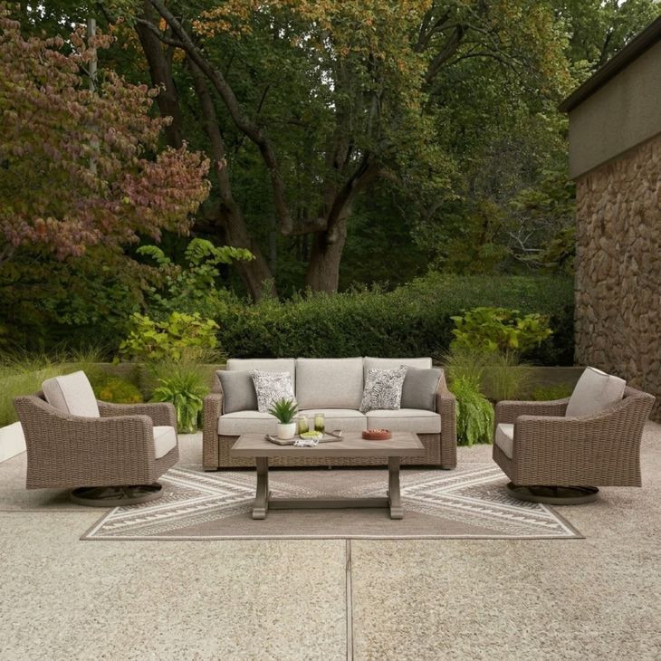 Revare Beach Beige 4-Piece Patio Conversation Set with Sofa, 2 Lounge Chairs and Coffee Table