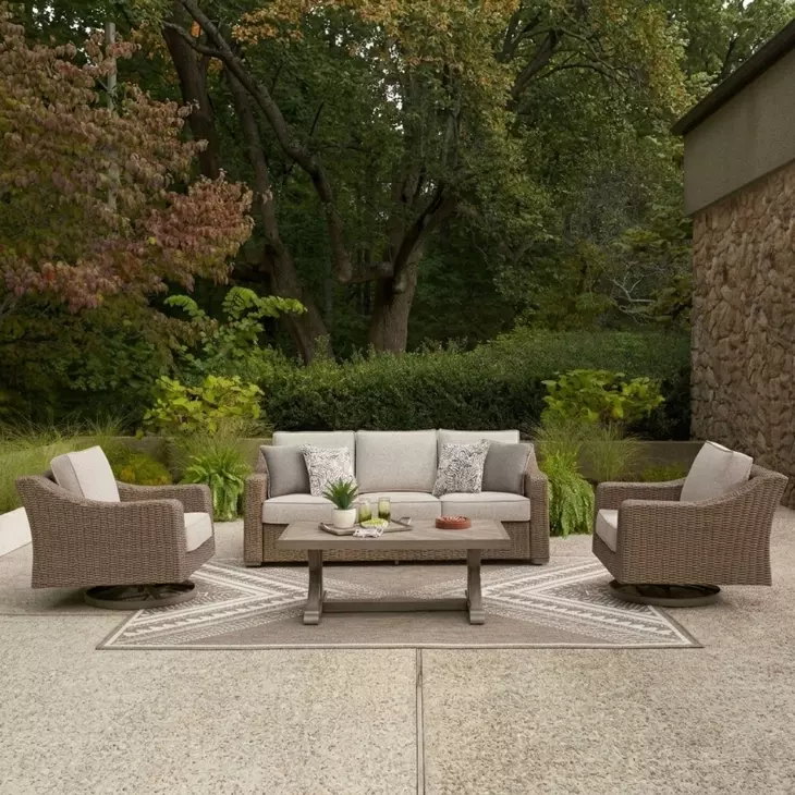 Revare Beach Beige 4-Piece Patio Conversation Set with Sofa, 2 Lounge Chairs and Coffee Table