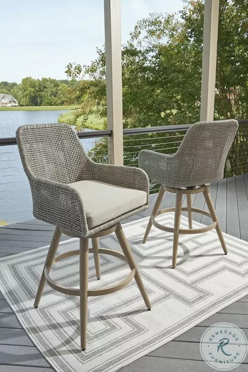 Seton Creek Beige And Gray Performance Fabric Outdoor Bar Stool Set of 2