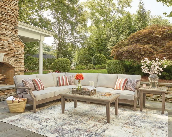 Clare View Beige Performance Fabric 4 Piece Outdoor Modular Sectional with Pillows
