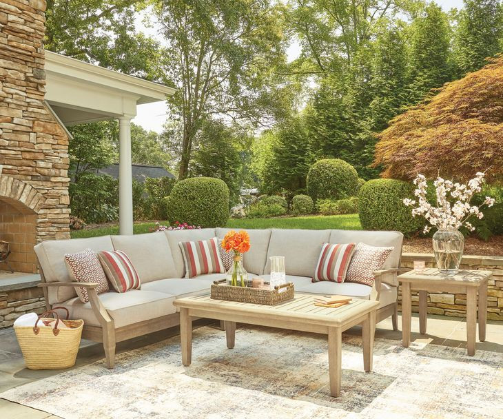 Clare View Beige Performance Fabric 3 Piece Outdoor Modular Sectional with Pillows