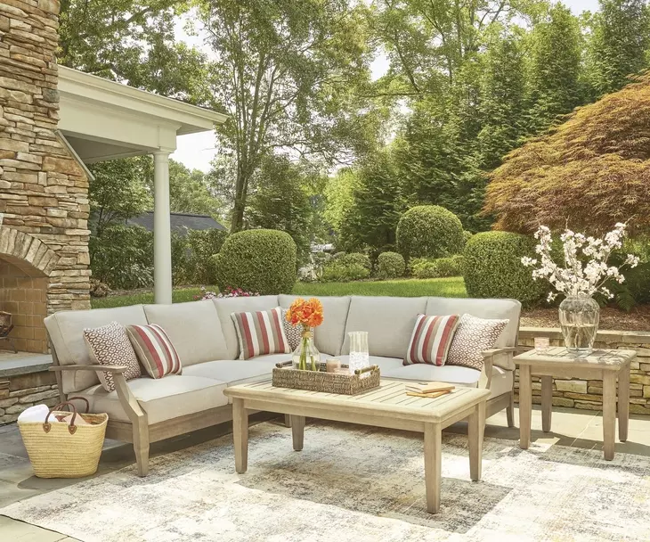 Clare View Beige Performance Fabric 3 Piece Outdoor Modular Sectional with Pillows