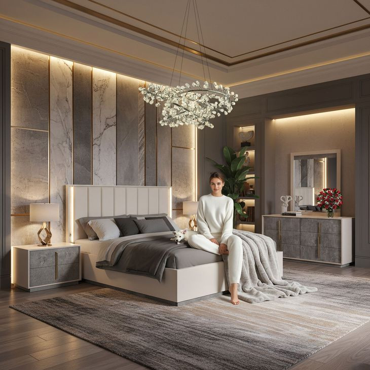 Pavira Stone and Taupe King Upholstered Platform Bed with LED