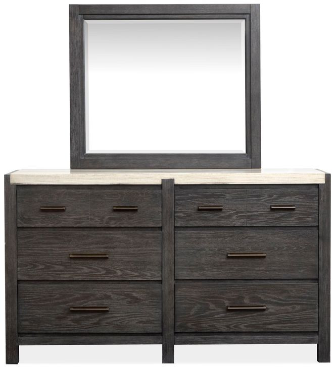 Foxrun Hollow Ravenwood Black and White 6 Drawer Marble Top Dresser with Rectangular Mirror