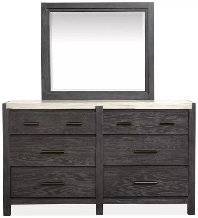 Plum Creek Ravenwood Black and White 6 Drawer Marble Top Dresser with Rectangular Mirror