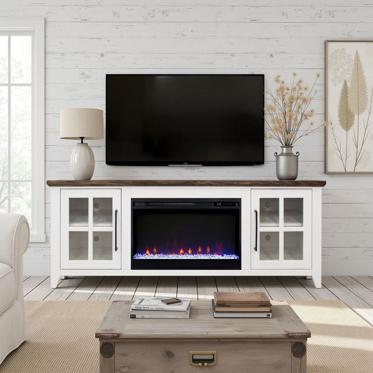 Providence White and Bourbon 66" TV Stand with Fireplace
