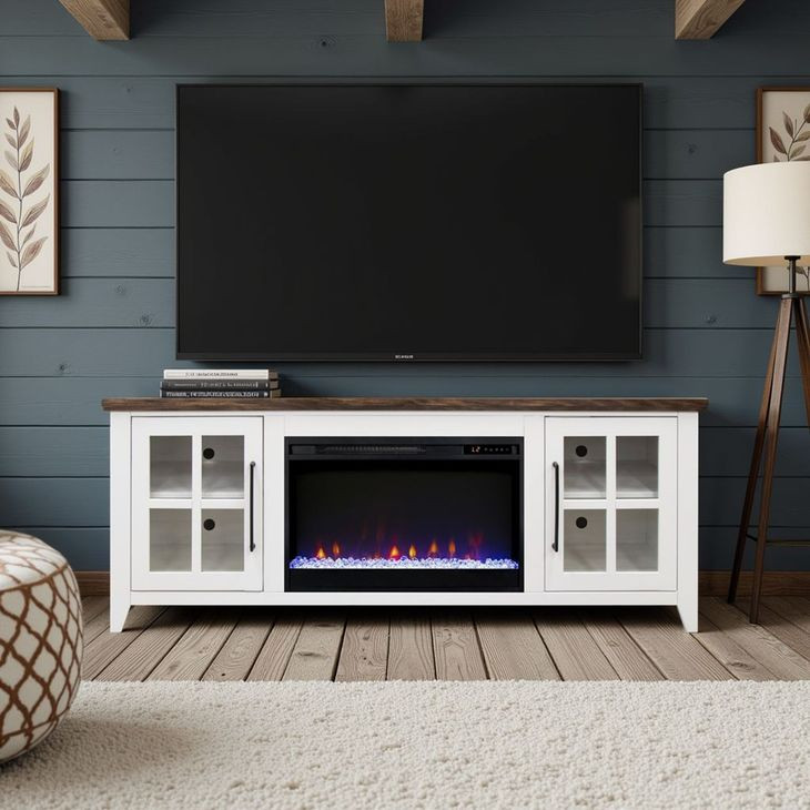 Providence White and Bourbon 66" TV Stand with Fireplace