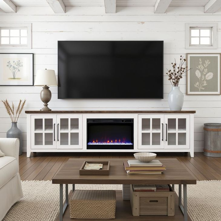 Providence White and Bourbon 96" TV Stand with Fireplace