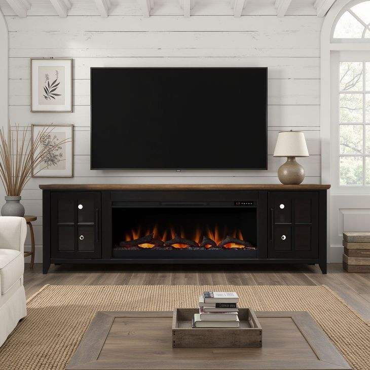 Providence Black and Bourbon 83" TV Stand with Fireplace