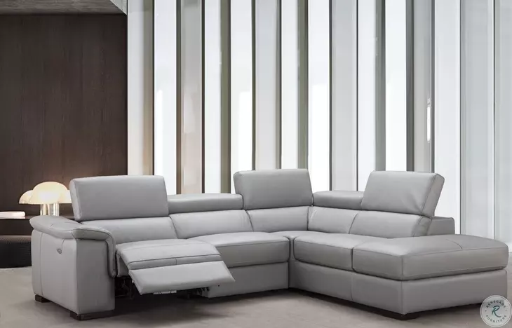 Perla Light Gray Premium Leather Power Reclining RAF Sectional